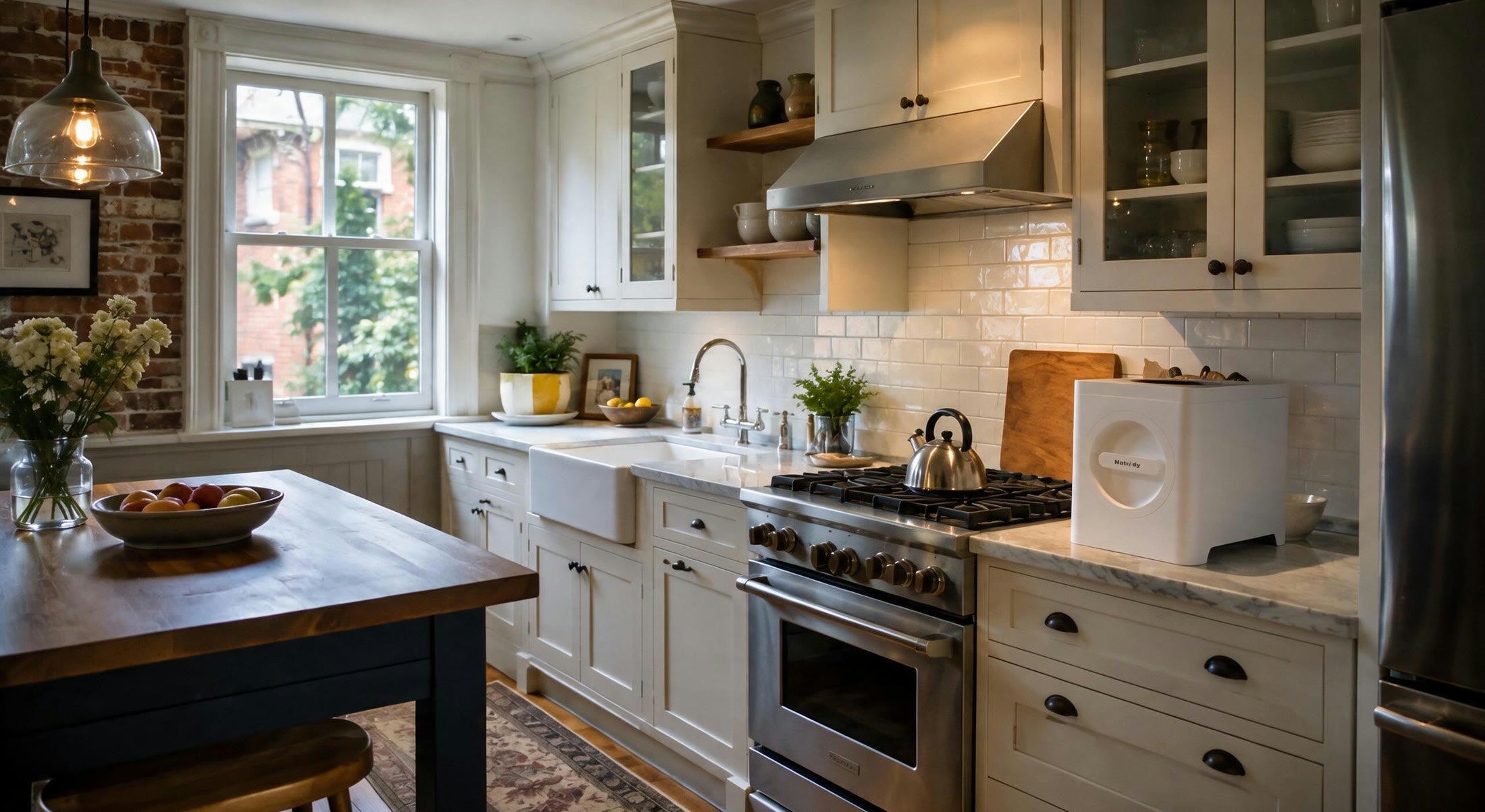 Natridy Electric Composter in a brick-walled kitchen with a farmhouse sink.