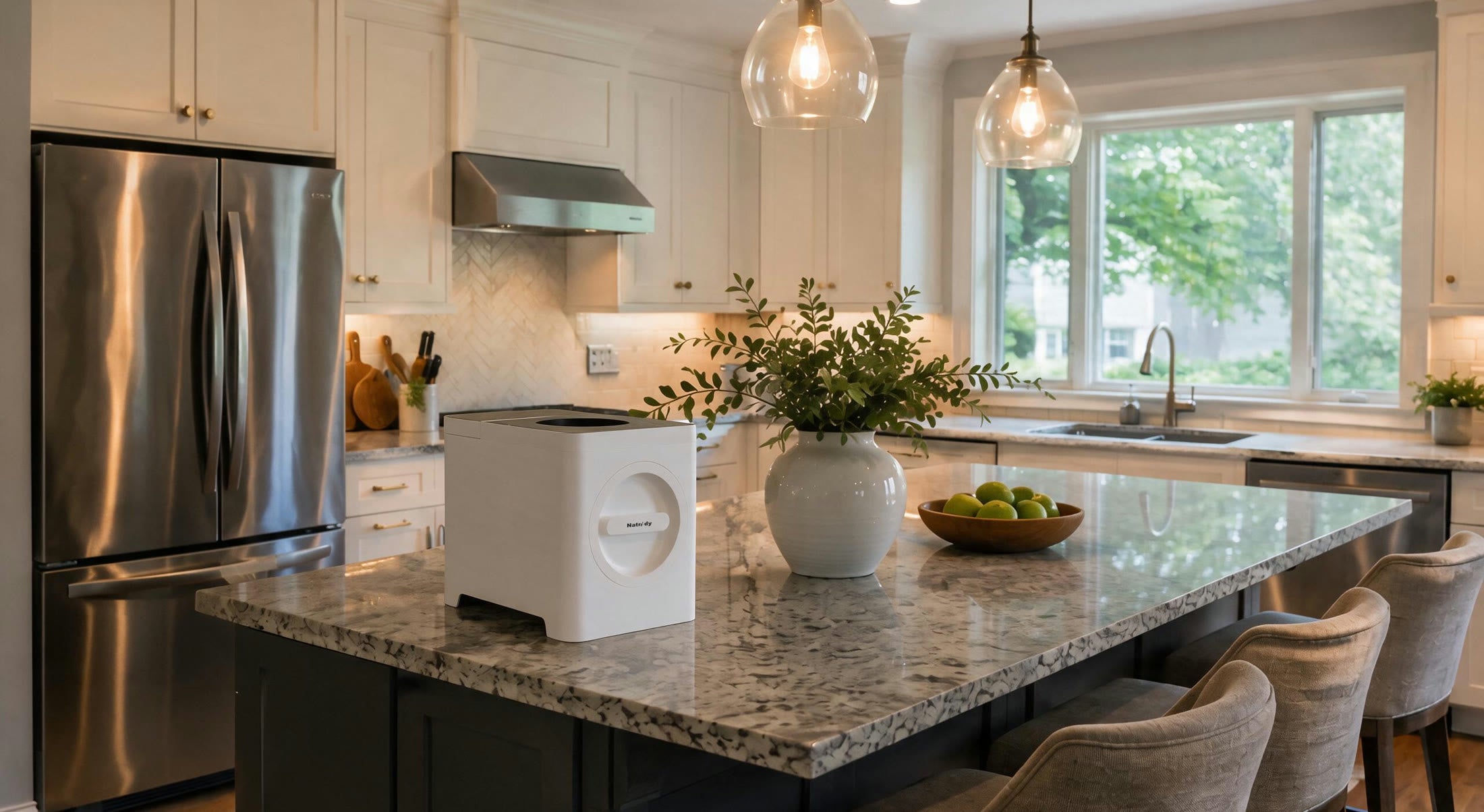 Natridy Electric Composter on a granite island beside a stainless refrigerator.
