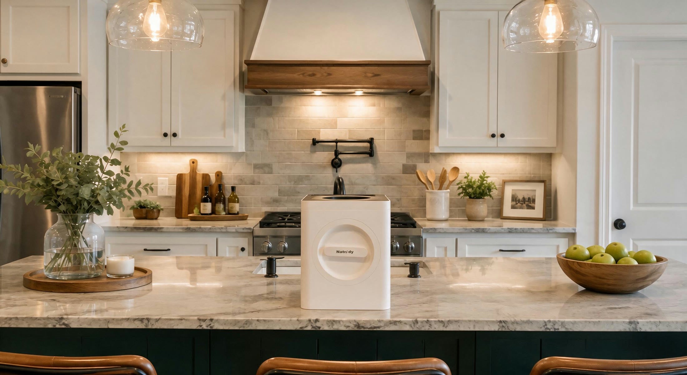 Natridy Electric Composter on a marble island under a white and wood hood.