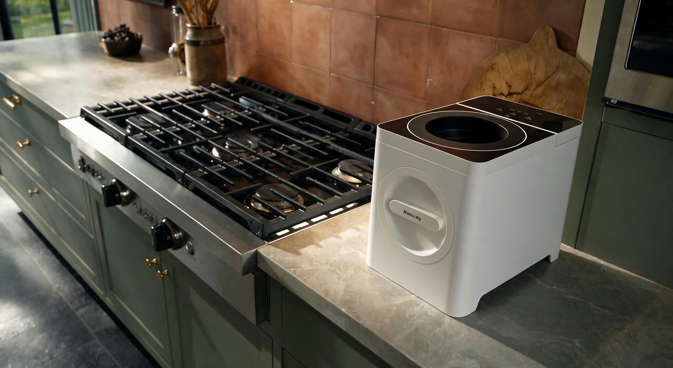 Natridy Electric Composter beside a gas range in a green kitchen with terracotta tile.