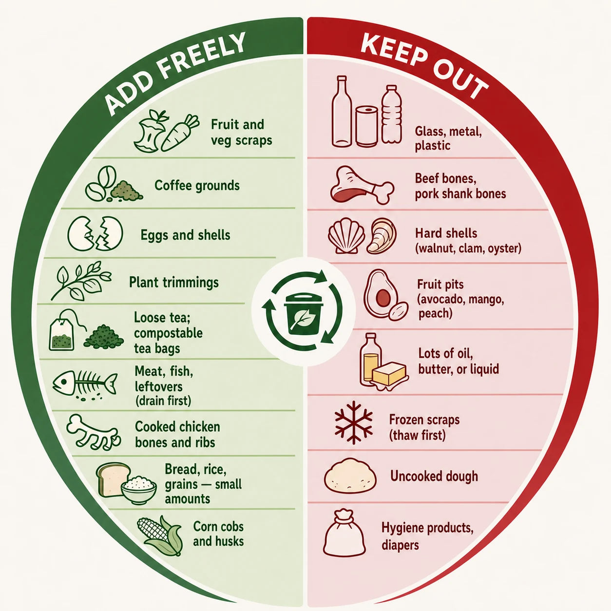 What can go in the Natridy Electric Composter: add freely on the left, keep out on the right
