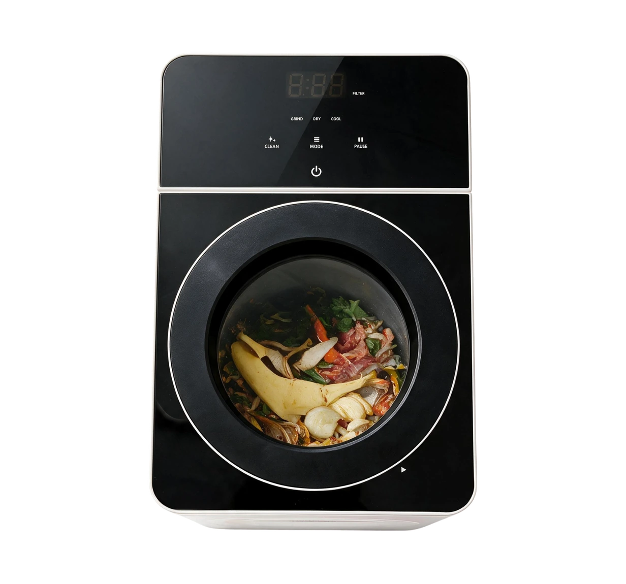 The Natridy Electric Composter seen from above, its bucket holding a day of food scraps